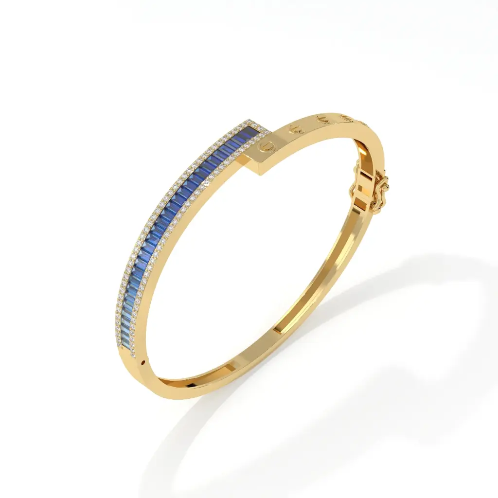 Sapphire Baguette & Diamond Lined Designer Bangle 