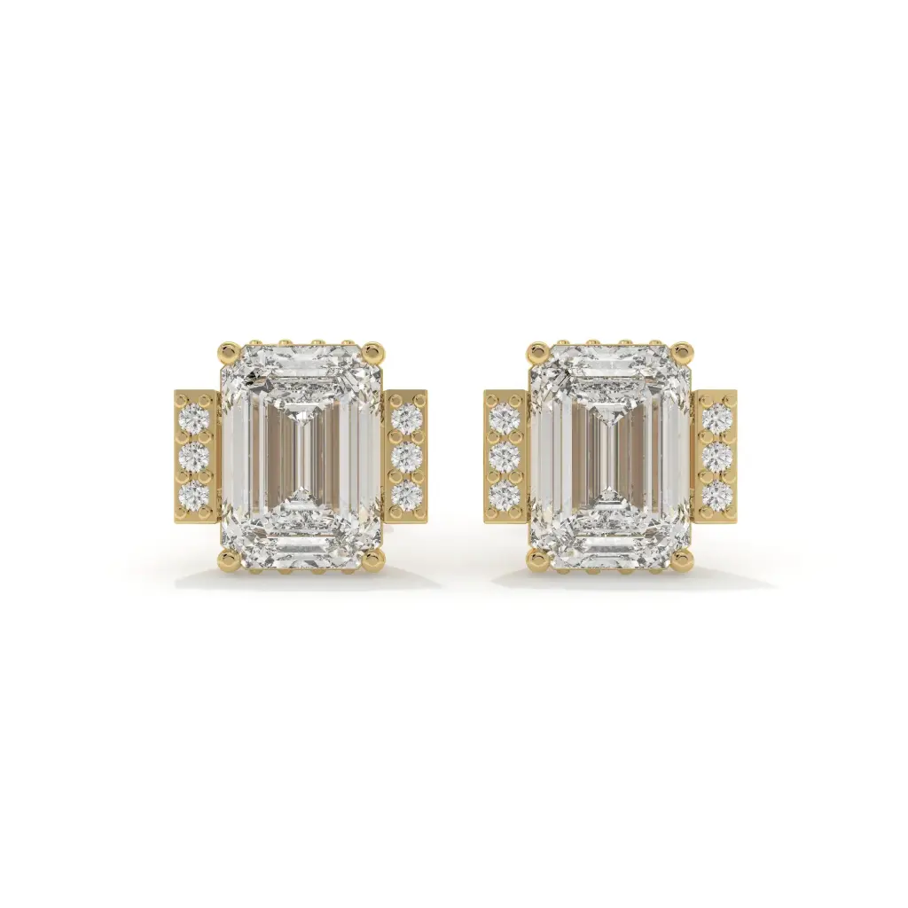 Emerald Cut Diamond Studs with Side Accents 